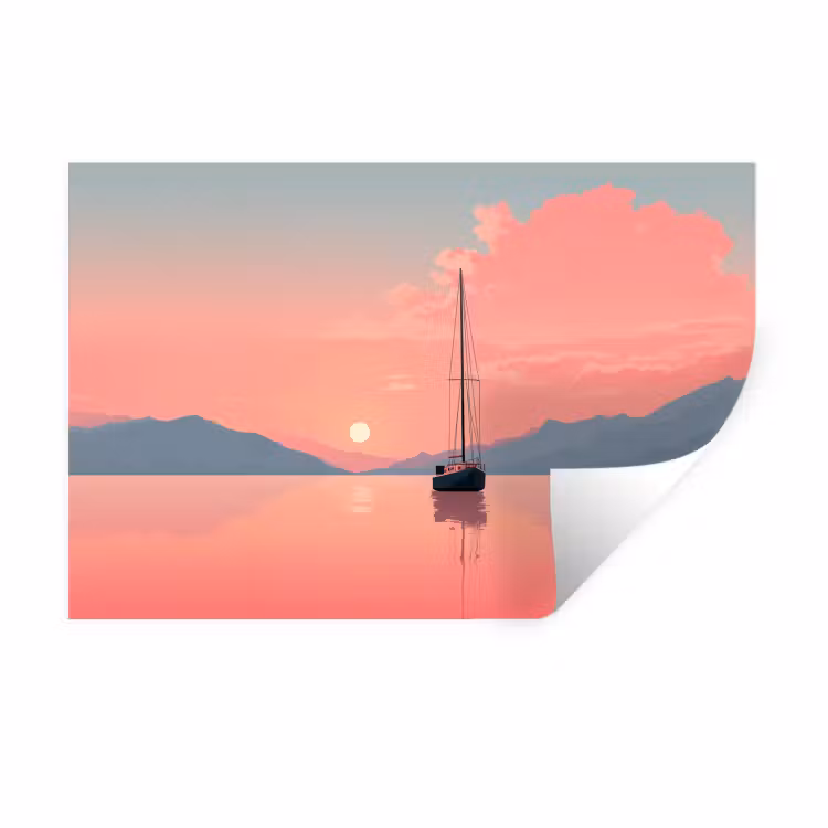 Zeilboot - Roze zee - Zonsondergang - Bergen Muursticker klein -3d