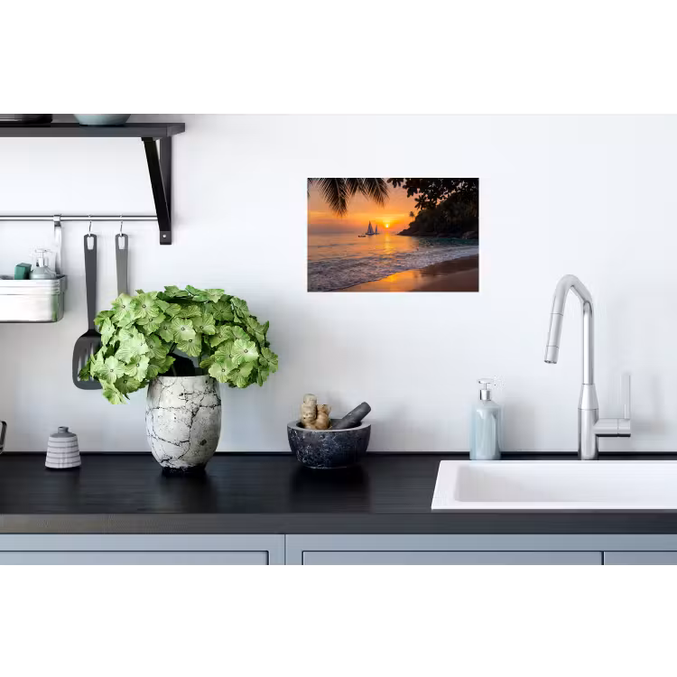 Zee - Zonsondergang - Boot - Natuur - Oranje Muursticker klein -keuken
