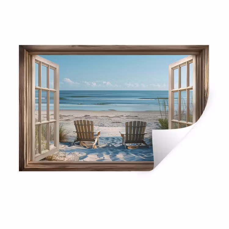 Doorkijk - Strandstoelen - Duinen - Zee - Natuur Muursticker klein -3d