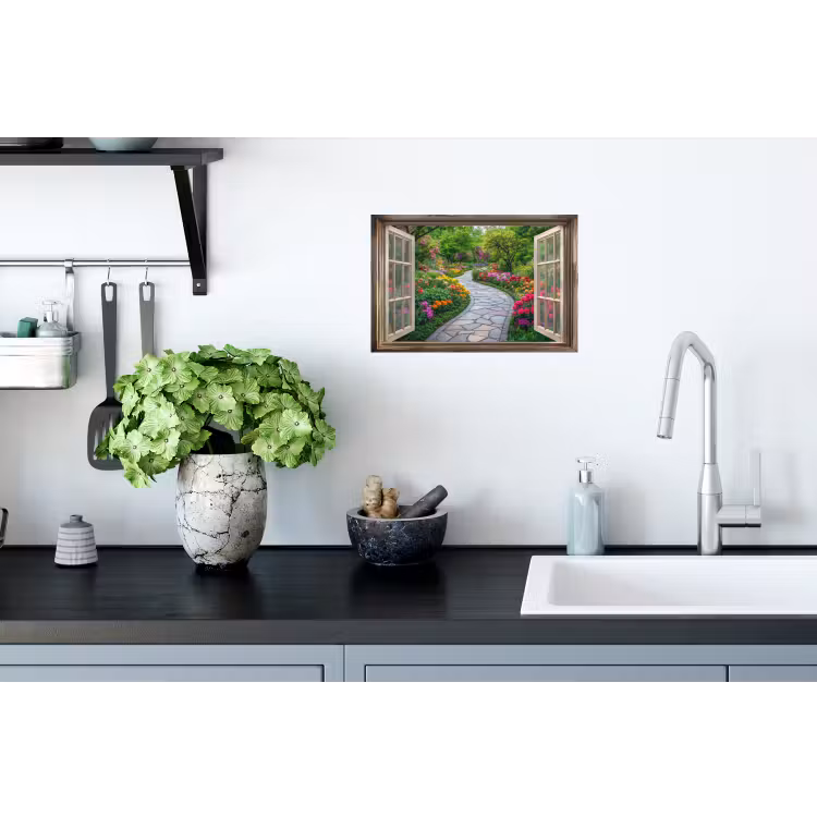 Doorkijk - Bloemen - Tuinpad - Natuur - Raam Muursticker klein -keuken