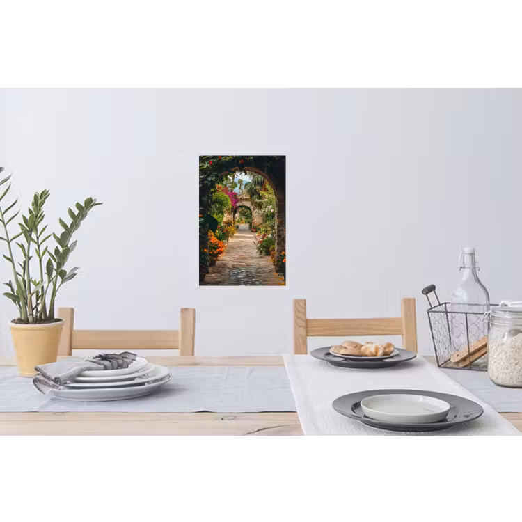 Doorkijk - Bloemen - Poort - Stenen Muursticker klein -eettafel