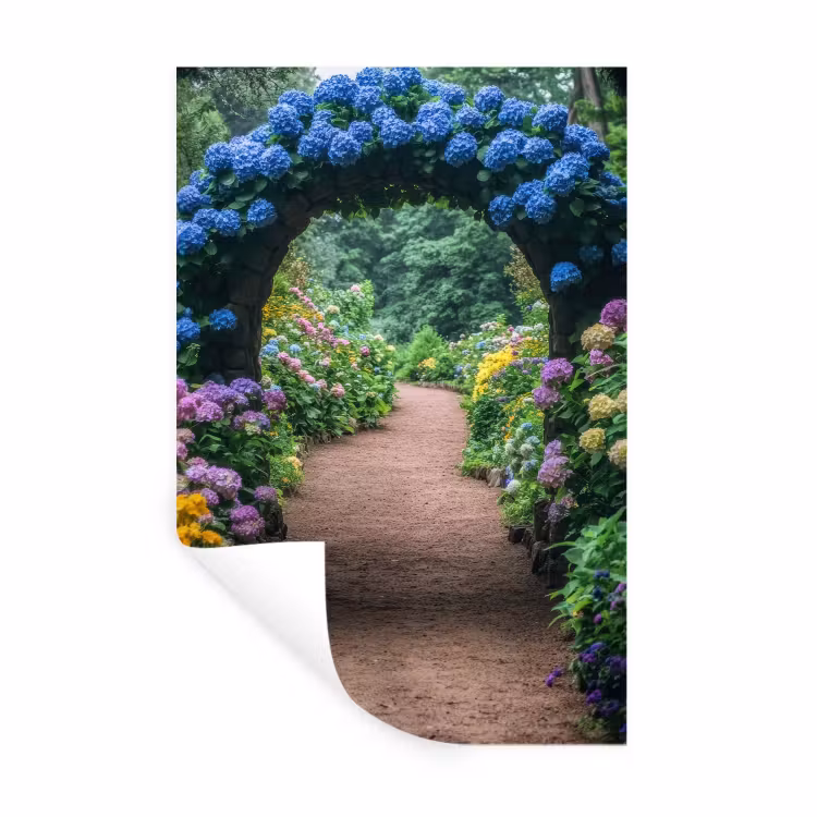 Doorkijk - Bloemen - Hortensia - Pad Muursticker klein -3d