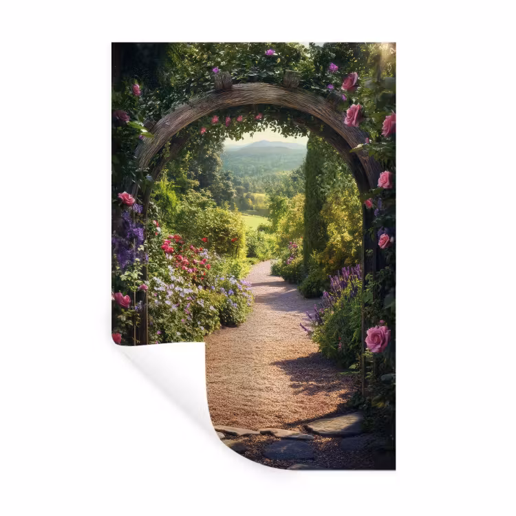 Doorkijk - Bloemen - Natuur - Rozenboog Muursticker klein -3d