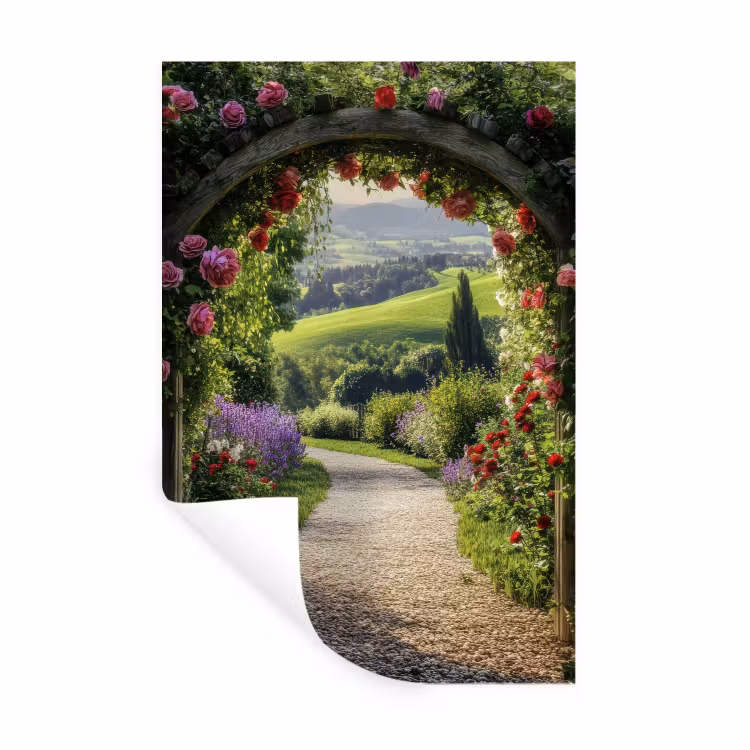 Doorkijk - Tuinboog - Bloemen - Natuur - Pad Muursticker klein -3d