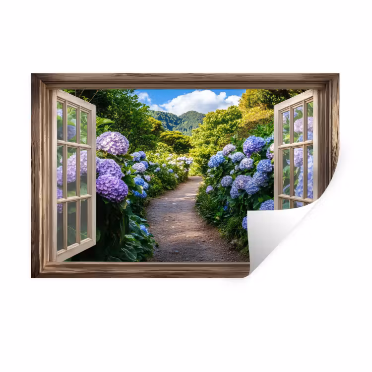 Doorkijk - Hortensia - Pad - Natuur Muursticker klein -3d