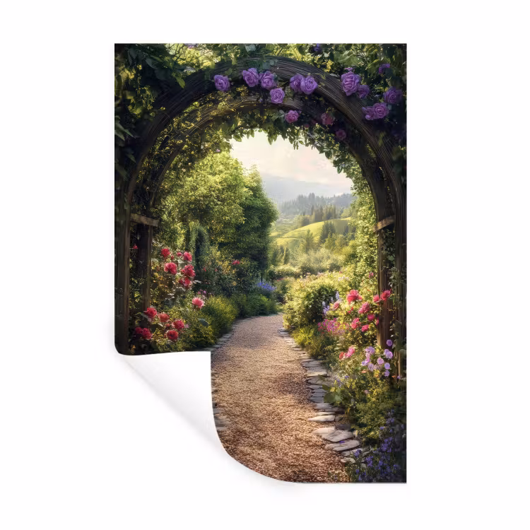 Doorkijk - Landschap - Bloemen - Tuinboog - Natuur Muursticker klein -3d