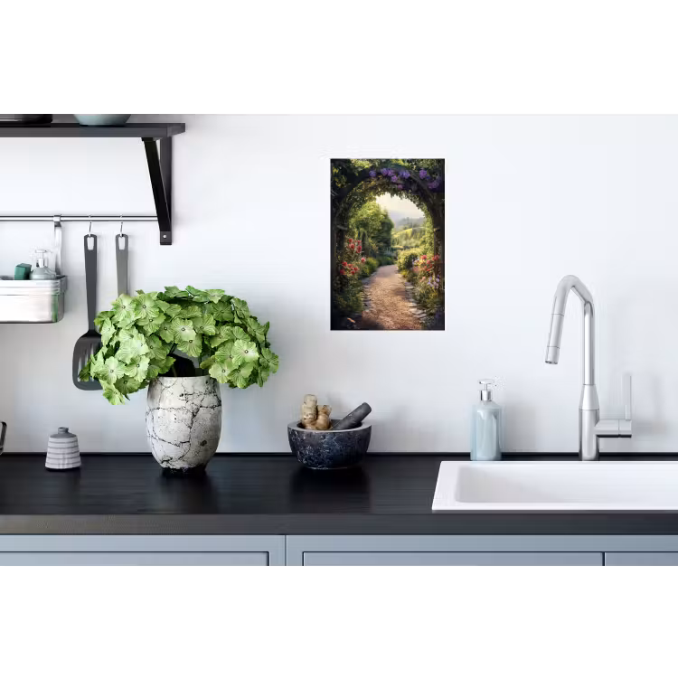 Doorkijk - Landschap - Bloemen - Tuinboog - Natuur Muursticker klein -keuken