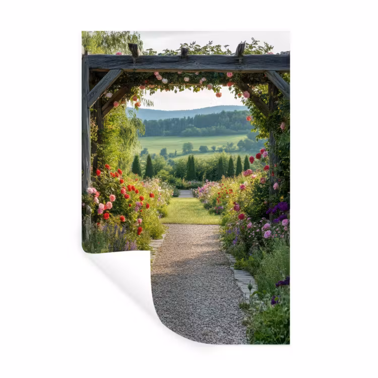 Doorkijk - Landschap - Natuur - Tuinboog - Bloemen Muursticker klein -3d