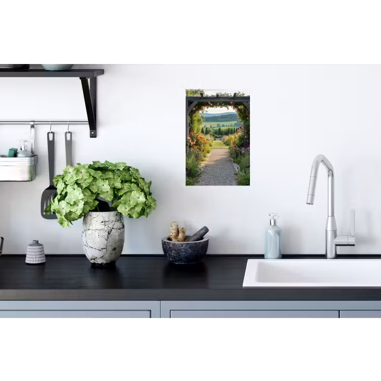 Doorkijk - Landschap - Natuur - Tuinboog - Bloemen Muursticker klein -keuken