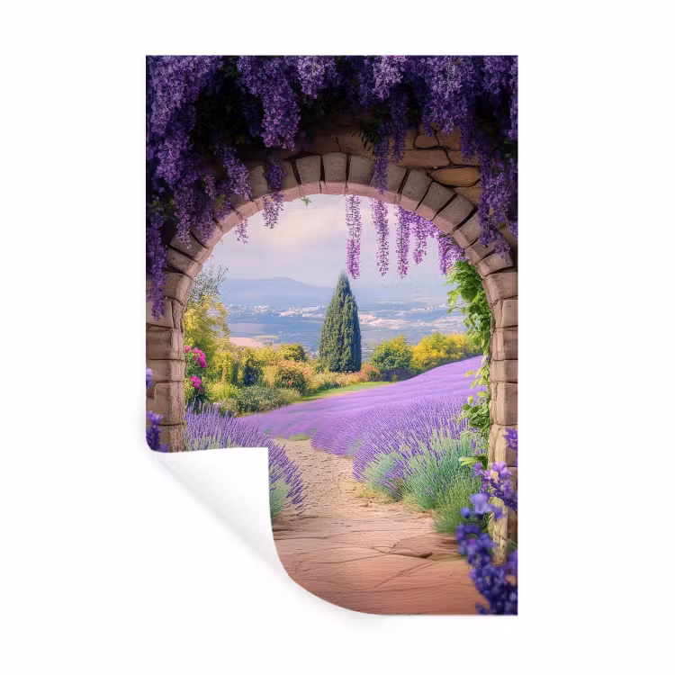 Doorkijk - Lavendel - Bloemen - Paars - Poort Muursticker klein -3d
