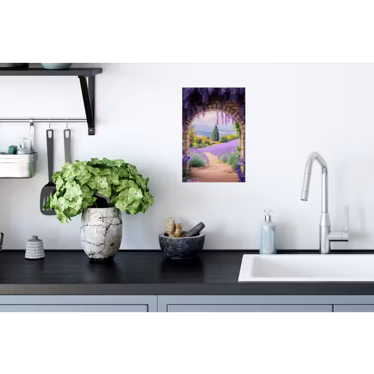 Doorkijk - Lavendel - Bloemen - Paars - Poort Muursticker klein -keuken