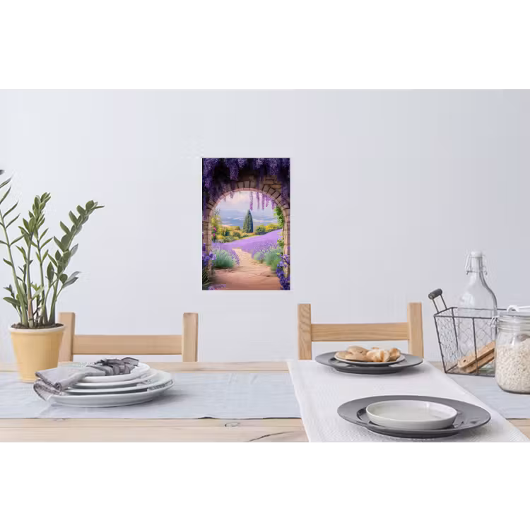 Doorkijk - Lavendel - Bloemen - Paars - Poort Muursticker klein -eettafel