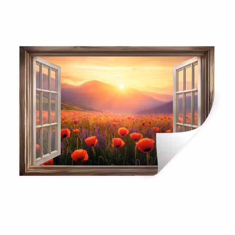 Doorkijk - Klaprozen - Bloemen - Rood - Open raam Muursticker klein -3d