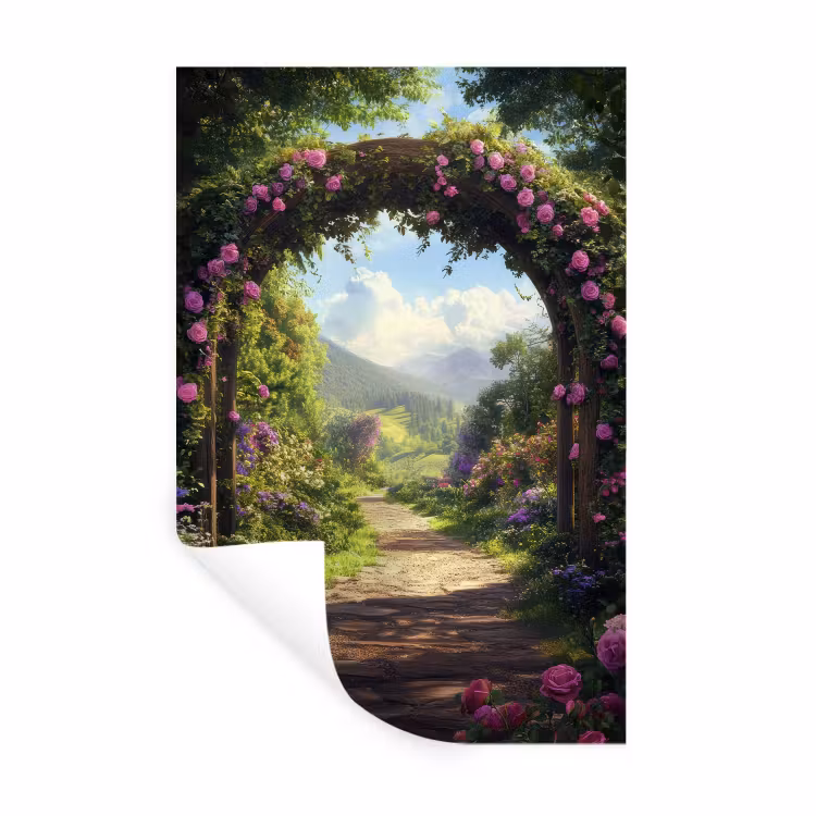 Doorkijk - Rozenboog - Uitzicht - Landschap - Bloemen Muursticker klein -3d