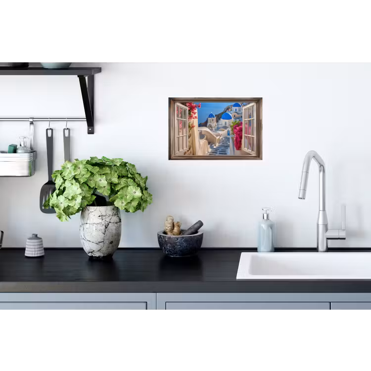 Doorkijk - Santorini - Landschap - Blauw - Grieks Muursticker klein -keuken
