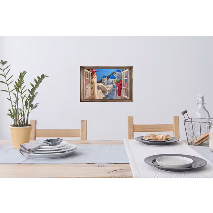 Doorkijk - Santorini - Landschap - Blauw - Grieks Muursticker klein -eettafel