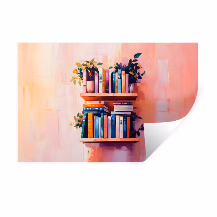 Planken - Boeken - Bladeren Muursticker klein -3d
