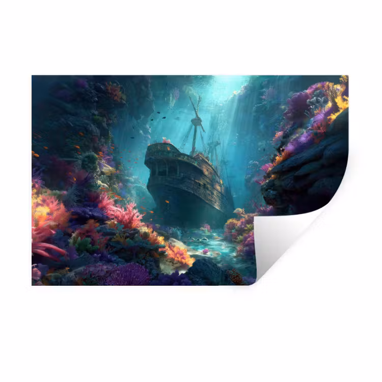 Schip - Hout - Koraalriffen - Zonlicht Muursticker klein -3d