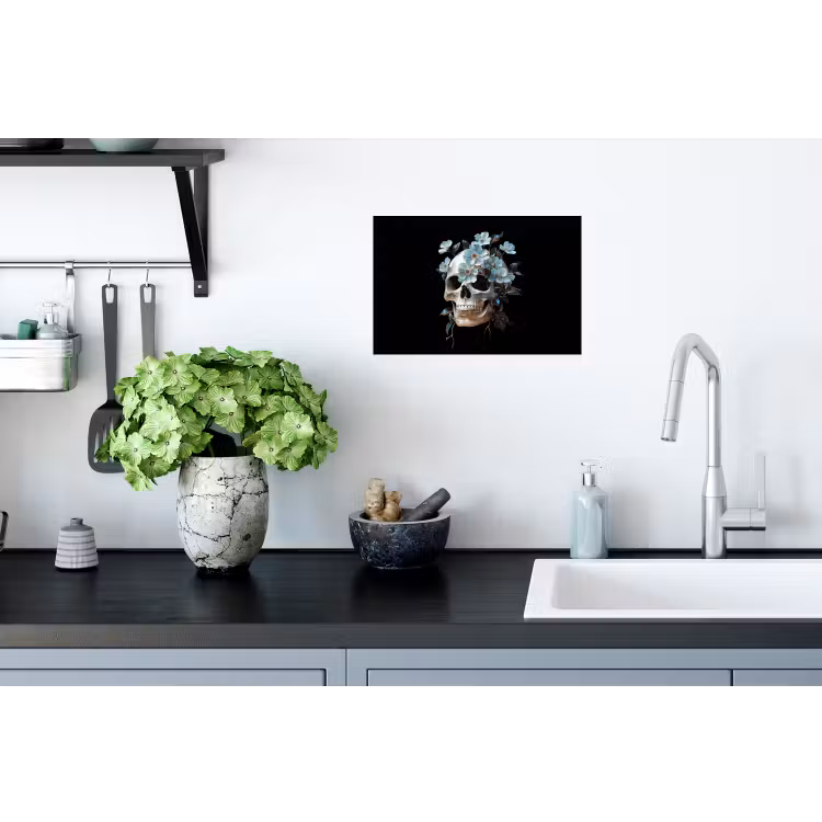 Schedel - Blauw - Bloemen - Bladeren Muursticker klein -keuken