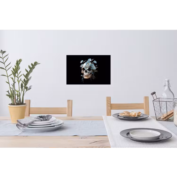 Schedel - Blauw - Bloemen - Bladeren Muursticker klein -eettafel