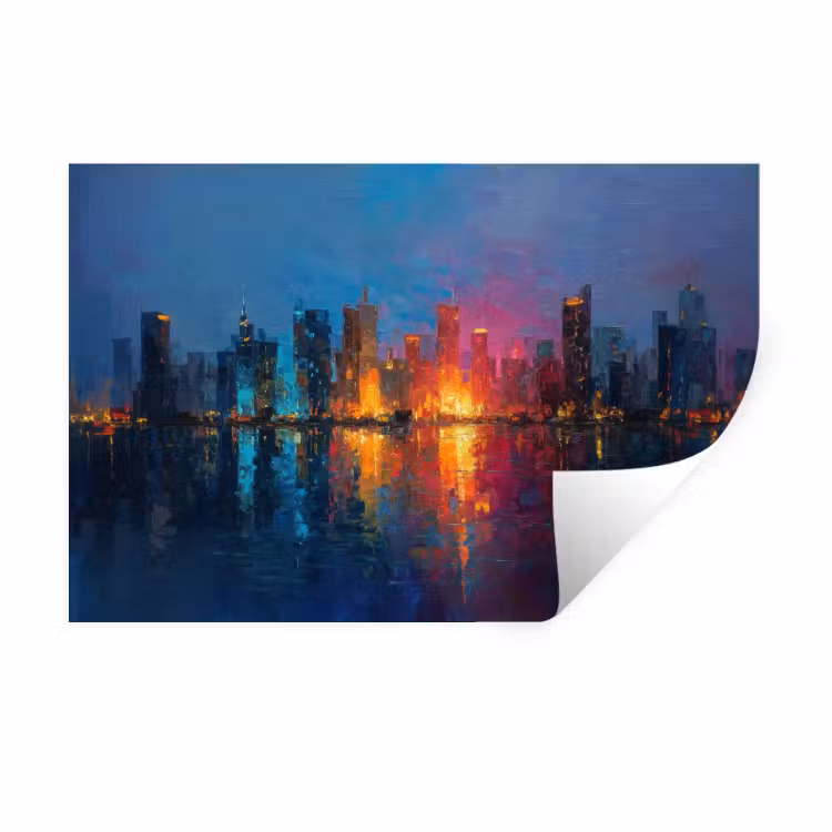 Skyline - Penseelstreken - Donkerblauw - Lichtgevend Muursticker klein -3d