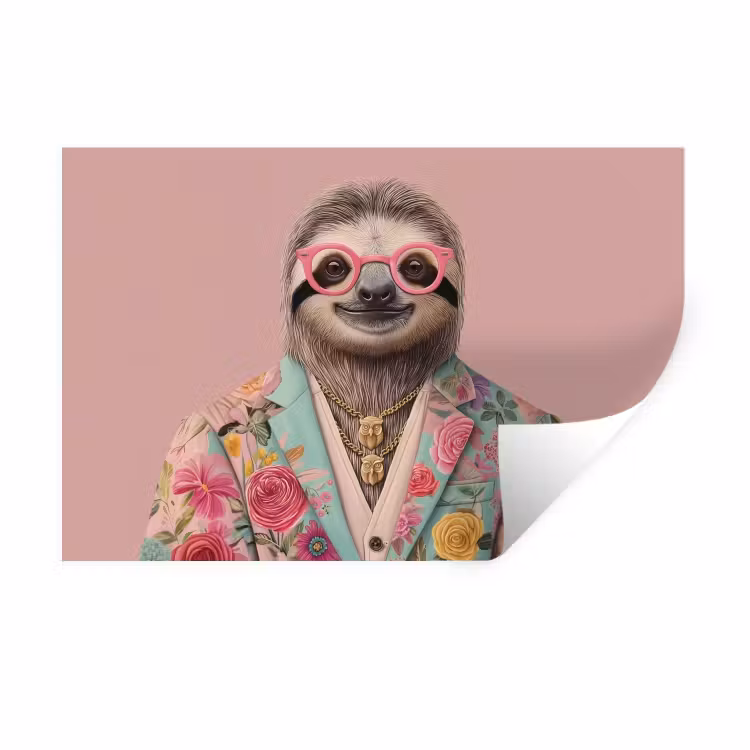 Luiaard - Bloemenprint - Bril - Roze Muursticker klein -3d