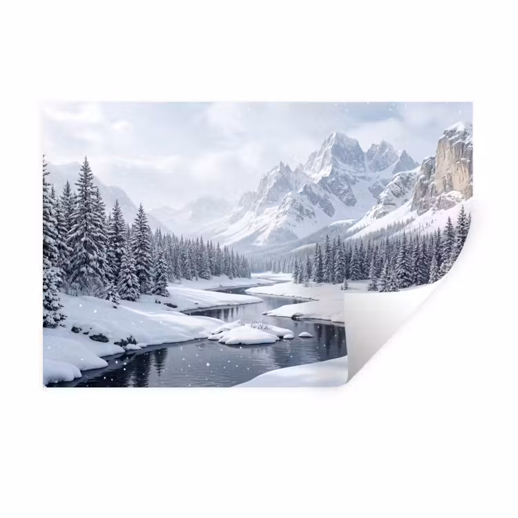 Sneeuwlandschap - Bergen - Rivier - Winter Muursticker klein -3d