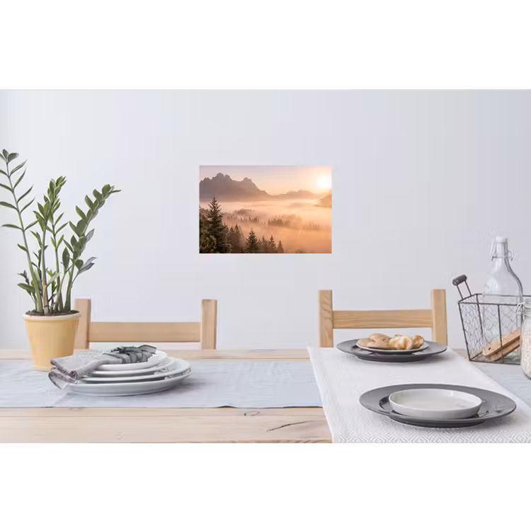 Zonlicht - Mist - Bergen - Bomen Muursticker klein -eettafel