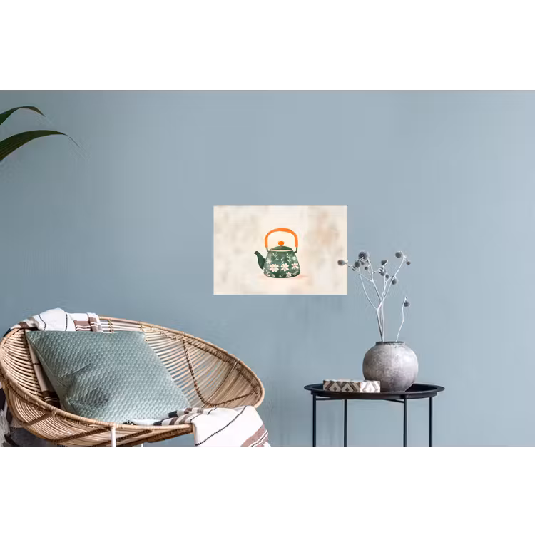 Theepot - Groen - Bloemen - Oranje Muursticker klein -plant