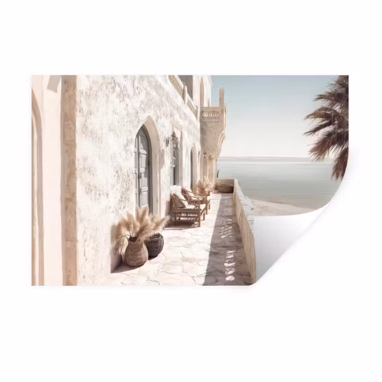 Terras - Stoelen - Strand - Beige Muursticker klein -3d