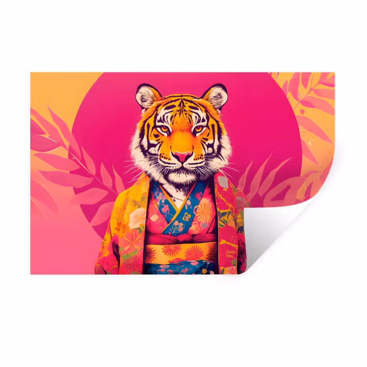 Tijger - Kimono - Planten - Roze Muursticker klein -3d