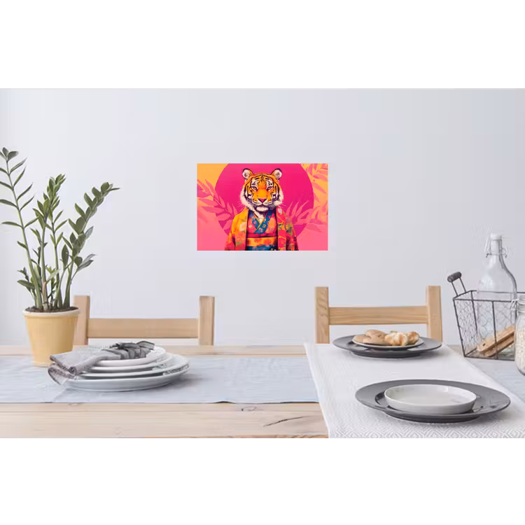 Tijger - Kimono - Planten - Roze Muursticker klein -eettafel