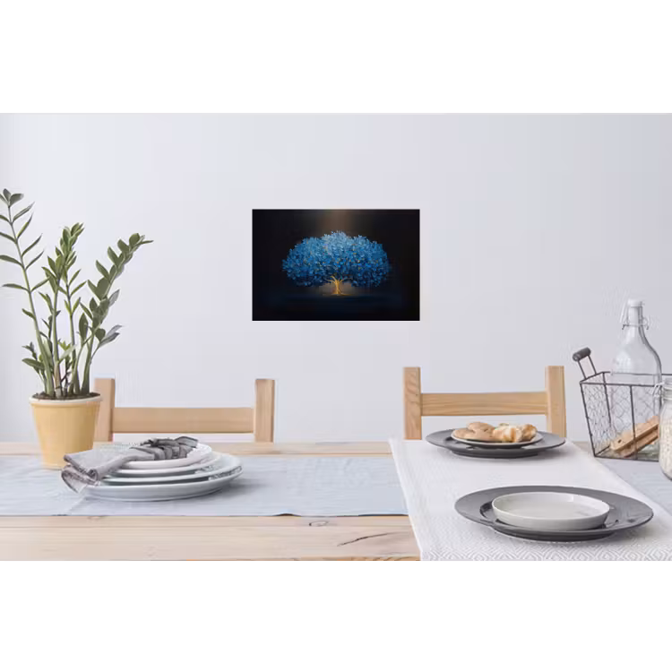 Boom - Blauw - Bladeren - Penseelstreken Muursticker klein -eettafel
