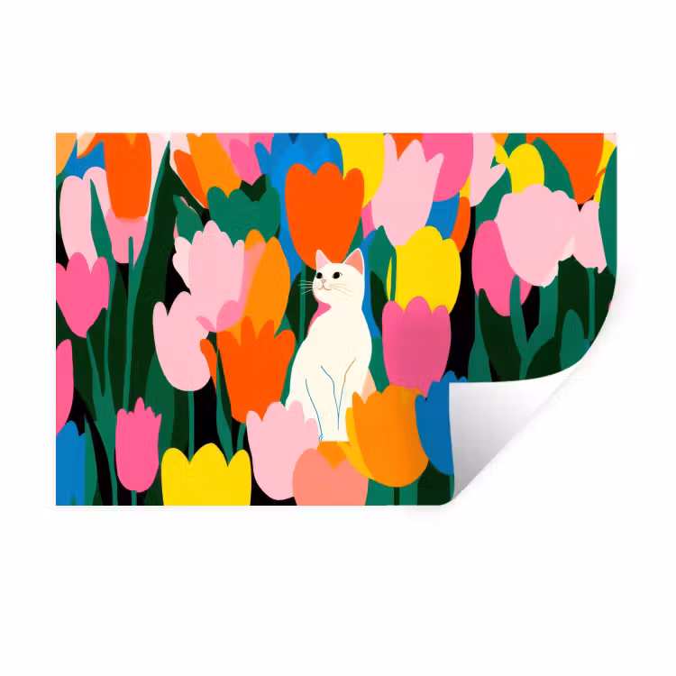 Tulpen - Kat - Kleurrijk Muursticker klein -3d