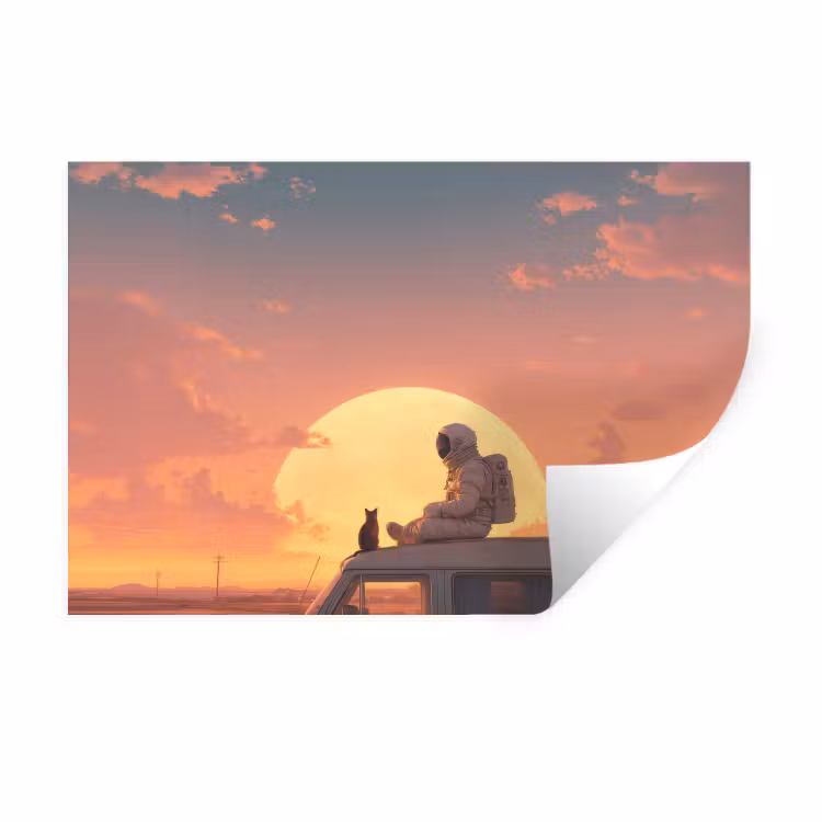 Busje - Kat - Zonsondergang - Oranje Muursticker klein -3d