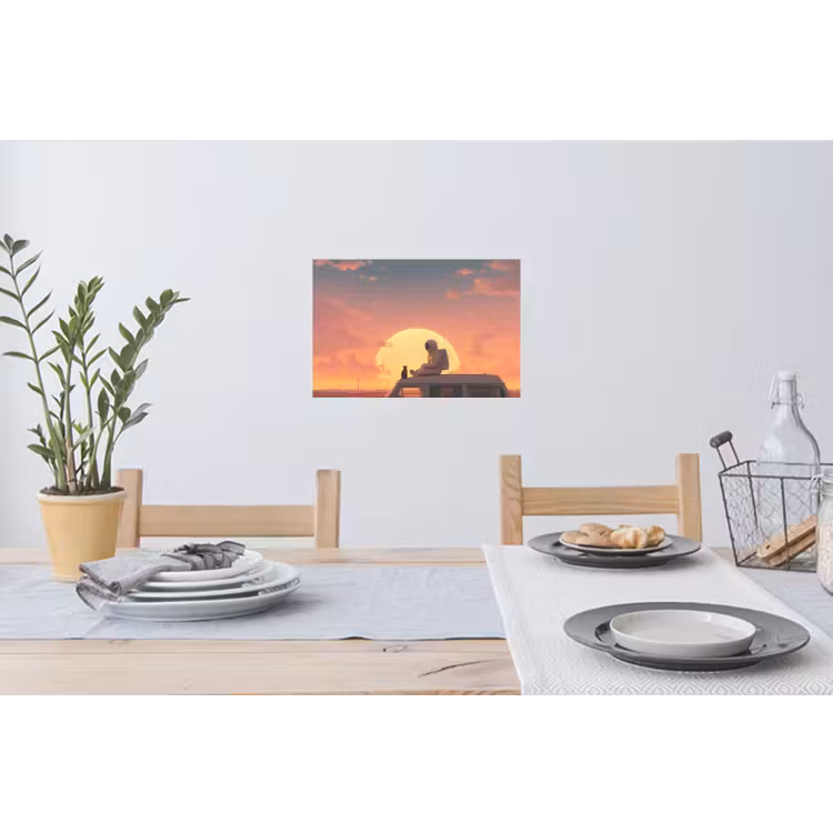Busje - Kat - Zonsondergang - Oranje Muursticker klein -eettafel