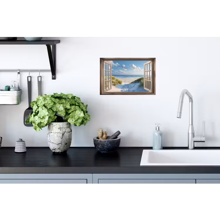 Doorkijk - Strand - Raam - Duinen - Zee Muursticker klein -keuken