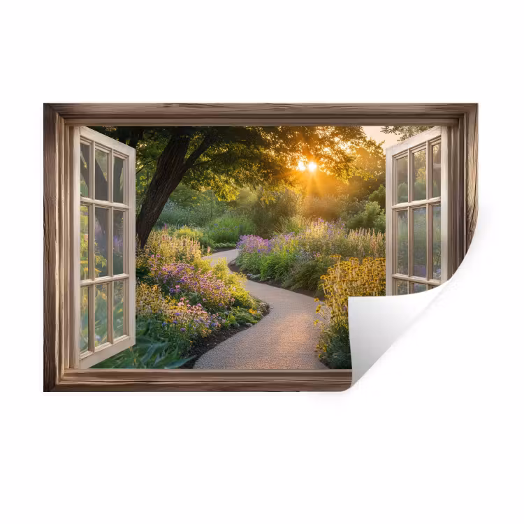 Doorkijk - Bloemen - Natuur - Zon - Pad Muursticker klein -3d