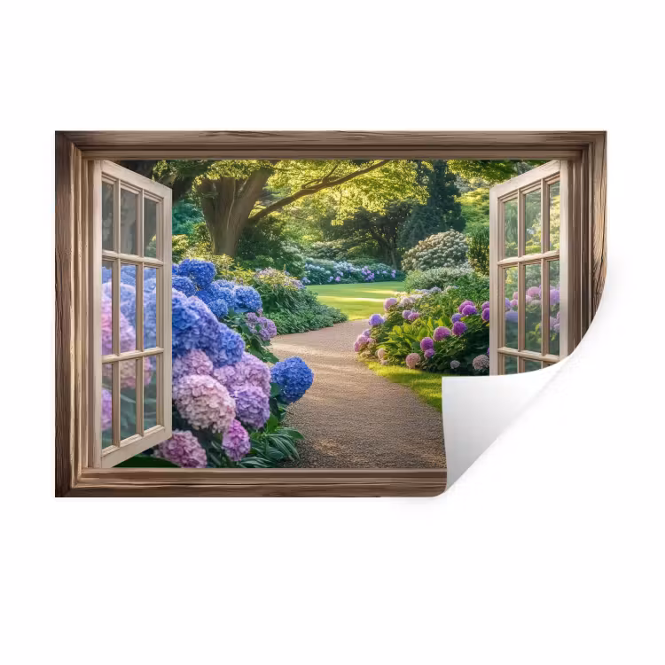 Doorkijk - Tuin - Raam - Hortensia - Bloemen Muursticker klein -3d