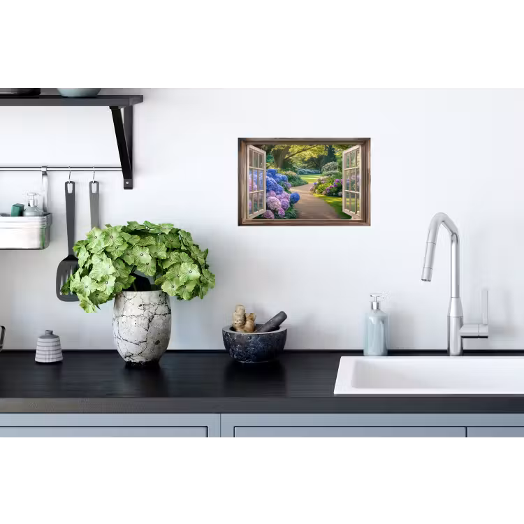 Doorkijk - Tuin - Raam - Hortensia - Bloemen Muursticker klein -keuken