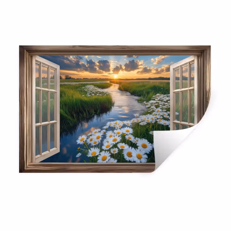 Doorkijk - Landschap - Raam - Water - Zonsondergang Muursticker klein -3d