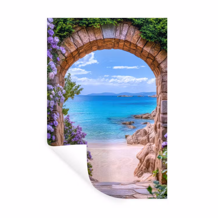 Doorkijk - Poort - Zee - Strand - Rotsen Muursticker klein -3d