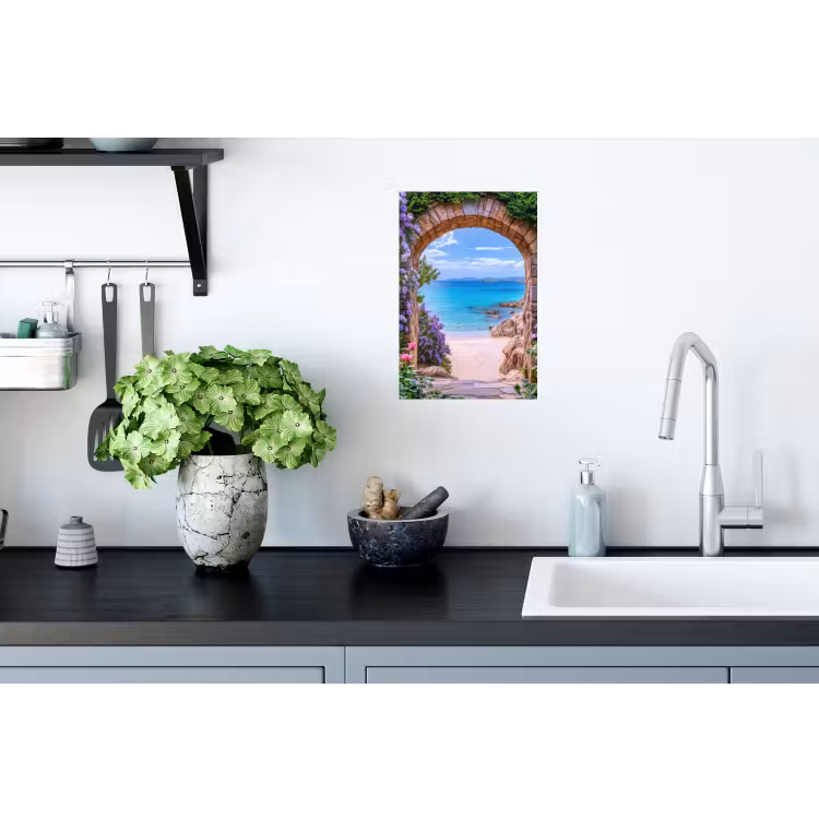 Doorkijk - Poort - Zee - Strand - Rotsen Muursticker klein -keuken