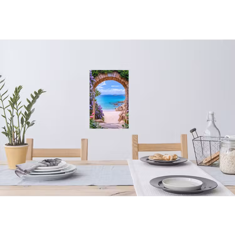 Doorkijk - Poort - Zee - Strand - Rotsen Muursticker klein -eettafel
