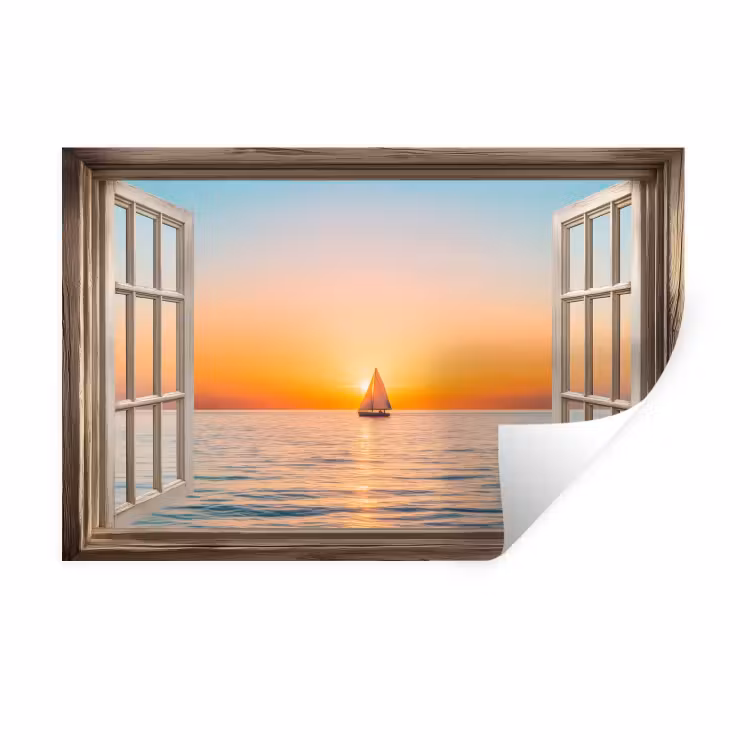 Doorkijk - Zee - Boot - Zonsondergang Muursticker klein -3d