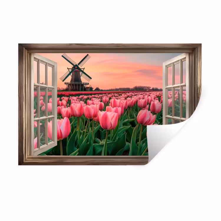 Doorkijk - Tulpen - Bloemen - Molen - Raam Muursticker klein -3d