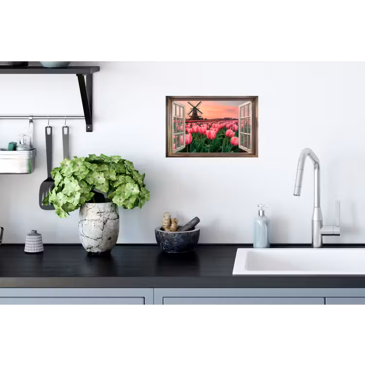 Doorkijk - Tulpen - Bloemen - Molen - Raam Muursticker klein -keuken