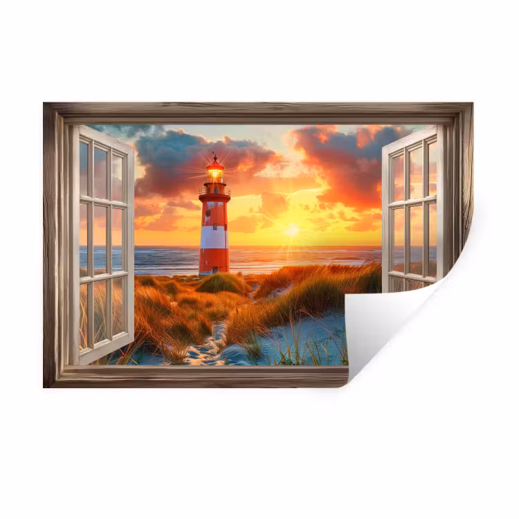 Doorkijk - Raam - Vuurtoren - Zonsondergang - Strand Muursticker klein -3d