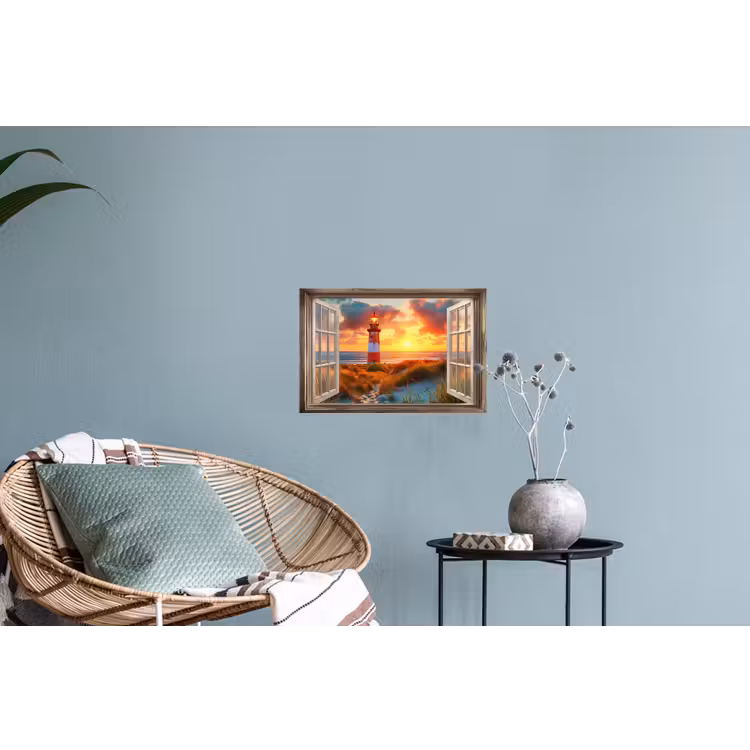 Doorkijk - Raam - Vuurtoren - Zonsondergang - Strand Muursticker klein -plant