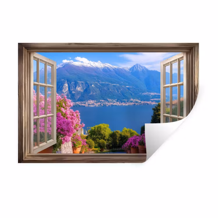 Doorkijk - Berg - Landschap - Uitzicht - Meer Muursticker klein -3d